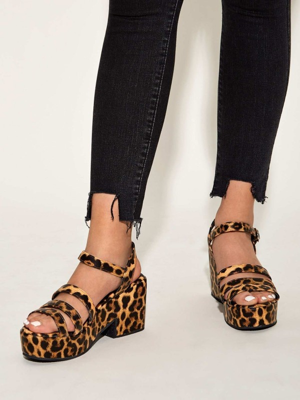 Leopard Print Ankle Strap Chunky Heels