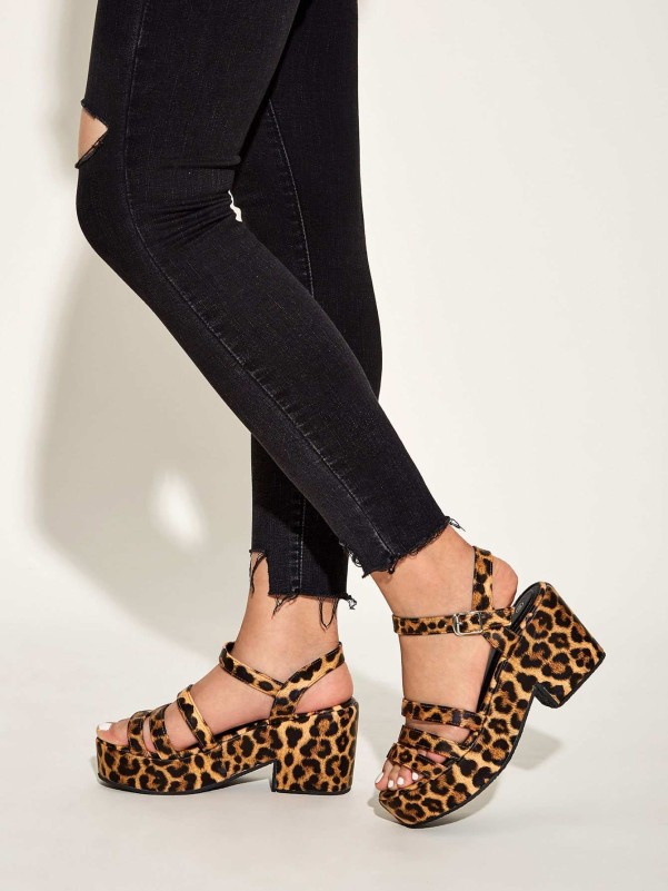 Leopard Print Ankle Strap Chunky Heels