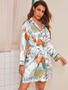 Allover Tropical Print Satin Cami Dress & Belted Robe Set