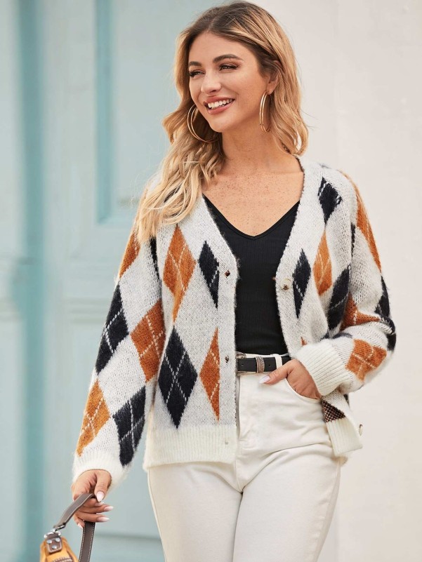 Argyle V neck Button Up Cardigan