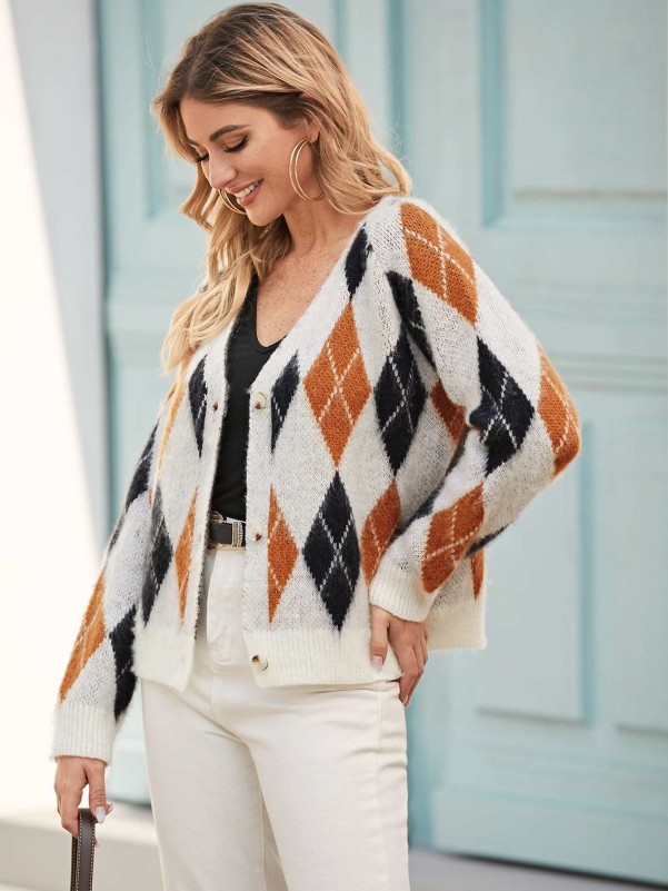 Argyle V neck Button Up Cardigan