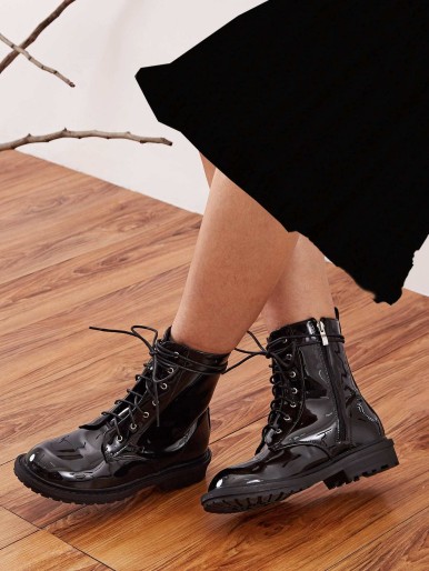 Artificial Patent Leather Lug Sole Combat Boots