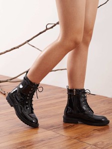 Artificial Patent Leather Lug Sole Combat Boots