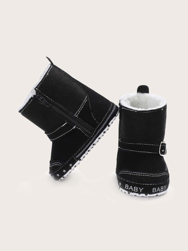 Baby Boy Buckle Decor Plush Lined Boots