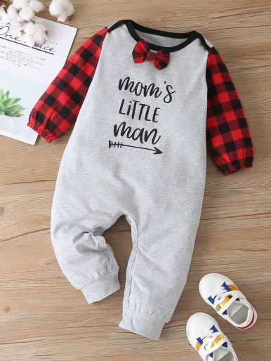 Baby Boy Letter Graphic Contrast Gingham Jumpsuit
