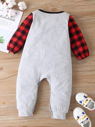 Baby Boy Letter Graphic Contrast Gingham Jumpsuit