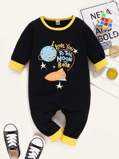 Baby Boy Slogan & Cartoon Graphic Jumpsuit