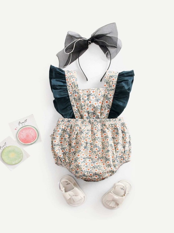 Baby Calico Print Frill Trim Jumpsuit Without Headband