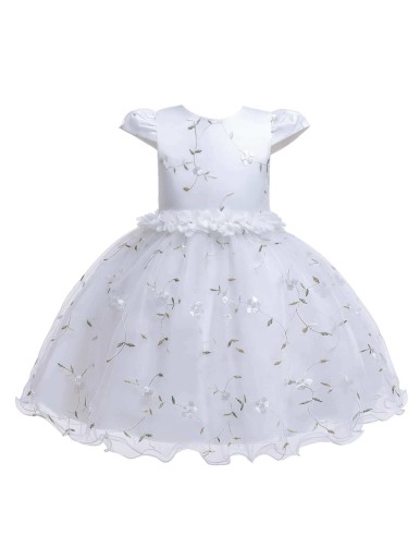 Baby Girl Bow Back Pears Embroidery Mesh Gown Dress