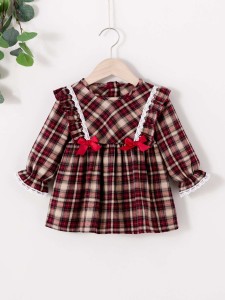 Baby Girl Bow Front Tartan Ruffle Trim Dress