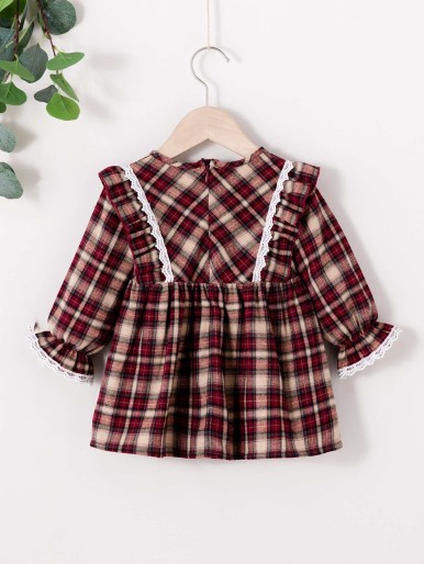 Baby Girl Bow Front Tartan Ruffle Trim Dress