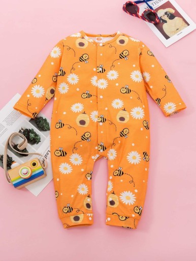 Baby Girl Cartoon Bee & Floral Print Jumpsuit