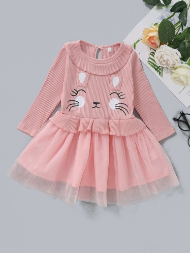 Baby Girl Cartoon Graphic Ear Patched Mesh Hem Dress