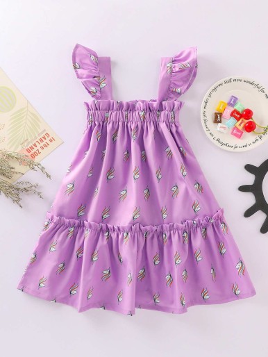 Baby Girl Cartoon Graphic Ruffle Strap Dress