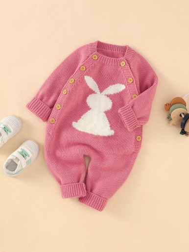 Baby Girl Cartoon Rabbit Pattern Raglan Sleeve Knit Jumpsuit
