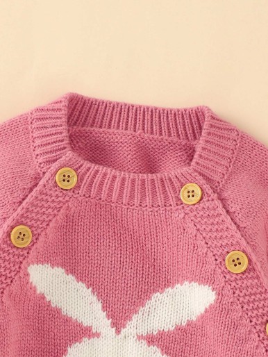Baby Girl Cartoon Rabbit Pattern Raglan Sleeve Knit Jumpsuit