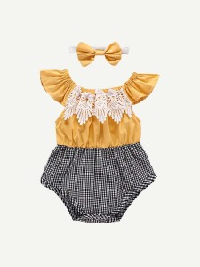 Baby Girl Contrast Lace Bodysuit With Headband