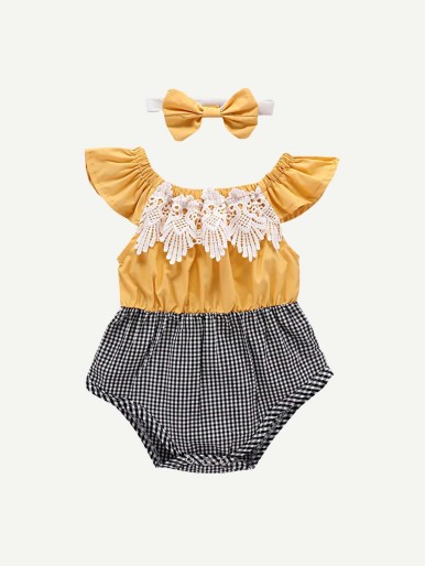 Baby Girl Contrast Lace Bodysuit With Headband