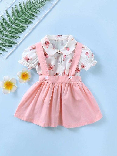 Baby Girl Frill Cuff Floral Blouse With Pinafore Skirt