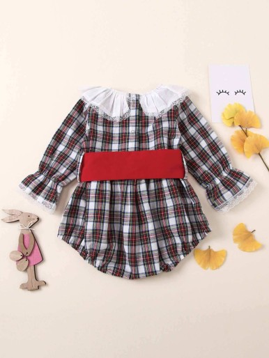 Baby Girl Lace Panel Self Tie Tartan Romper