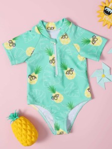 Baby Girl Pineapple Print Zip-up One Piece Swimsuit