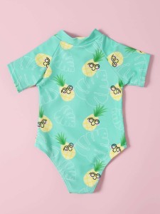 Baby Girl Pineapple Print Zip-up One Piece Swimsuit