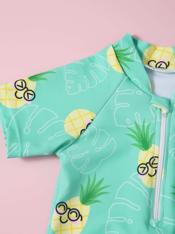 Baby Girl Pineapple Print Zip-up One Piece Swimsuit