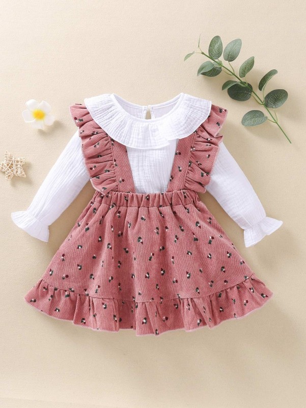 Baby Girl Ruffle Trim Top & Overall Skirt Set