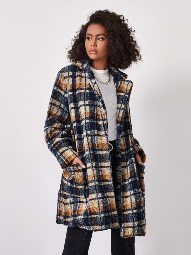Belted Plaid Teddy Coat