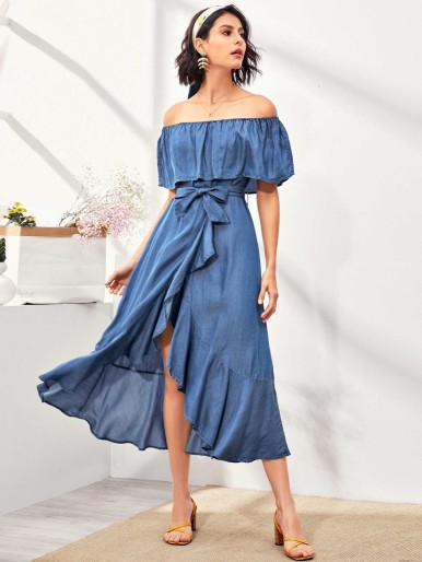 Belted Wrap Hem Bardot Denim Dress