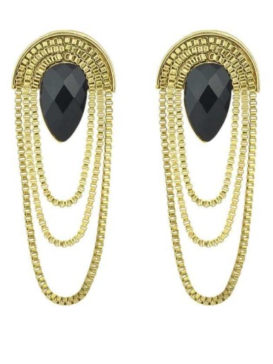 Black Drop Gemstone Gold Chain Earrings