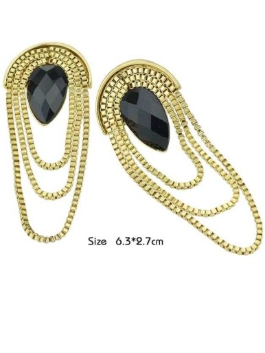 Black Drop Gemstone Gold Chain Earrings