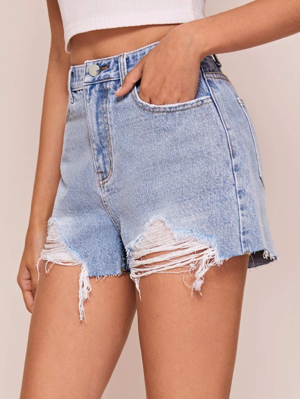 SHEIN Raw Hem Ripped Denim Shorts