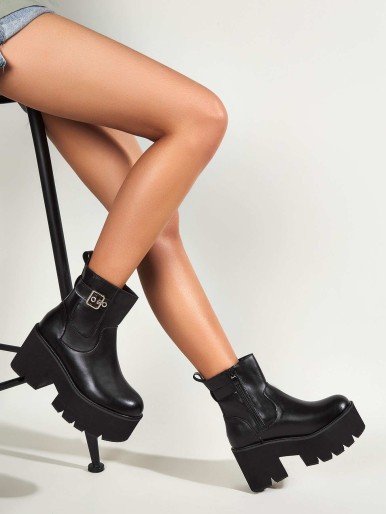 Buckle Decor Chunky Heeled Ankle Boots