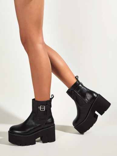 Buckle Decor Chunky Heeled Ankle Boots