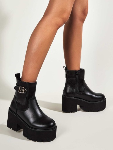 Buckle Decor Chunky Heeled Ankle Boots