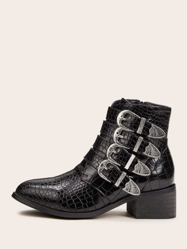 Buckle Decor Croc Embossed Boots