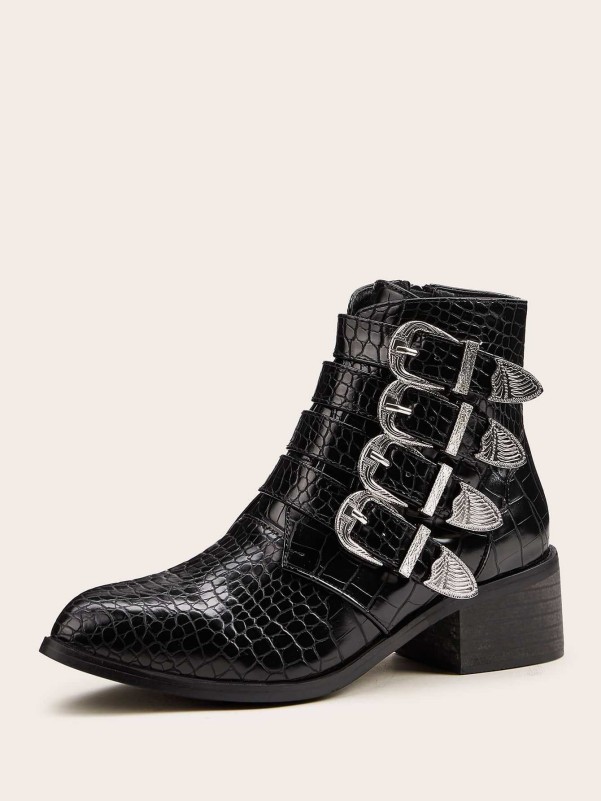 Buckle Decor Croc Embossed Boots