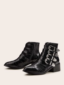 Buckle Decor Croc Embossed Boots