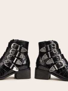 Buckle Decor Croc Embossed Boots