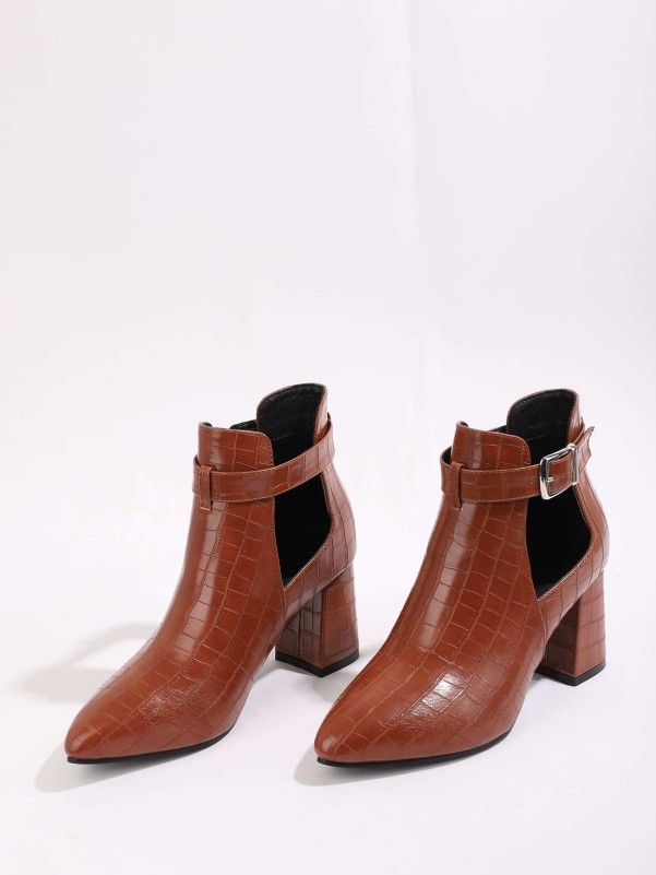 Buckle Decor Cut Out Croc Embossed Chunky Heeled Boots