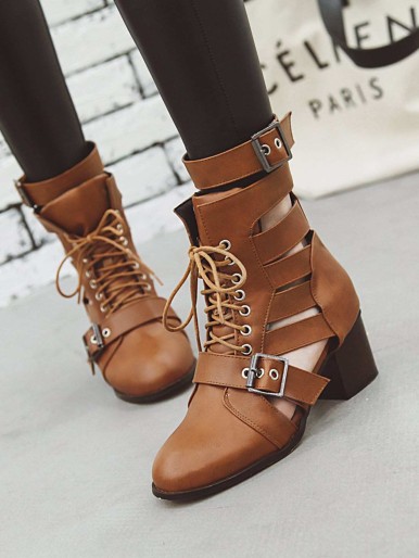 Buckle Decor Lace-up Front Chunky Heeled Boots