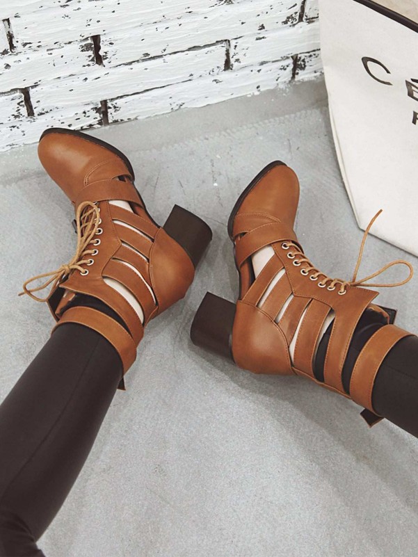 Buckle Decor Lace-up Front Chunky Heeled Boots