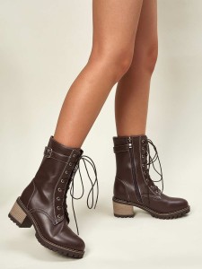 Buckle Decor Lace-up Front Chunky Heeled Boots