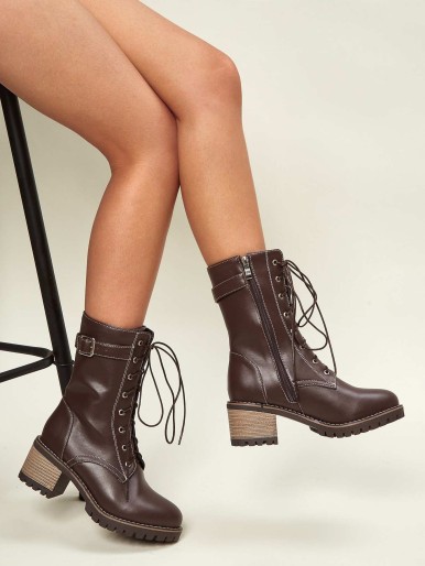 Buckle Decor Lace-up Front Chunky Heeled Boots