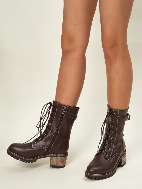 Buckle Decor Lace-up Front Chunky Heeled Boots