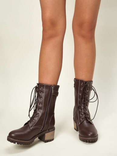 Buckle Decor Lace-up Front Chunky Heeled Boots