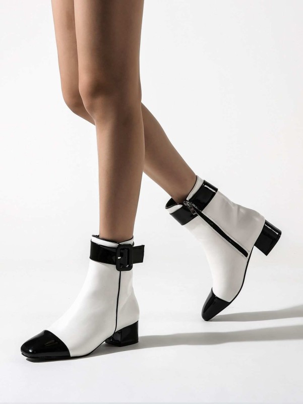 Buckle Decor Two Tone Chunky Heeled Boots