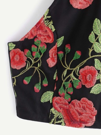 Rose Embroidered Sheer Back Halter Neck Top