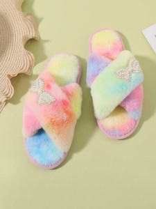 Butterfly Decor Cross Strap Fluffy Slippers